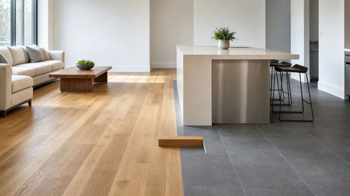 Piso vinílico e porcelanato em ambiente decorado