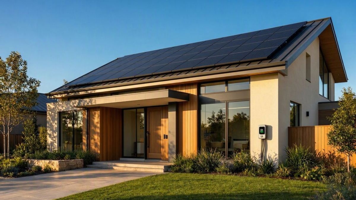 Painéis solares instalados em telhado residencial